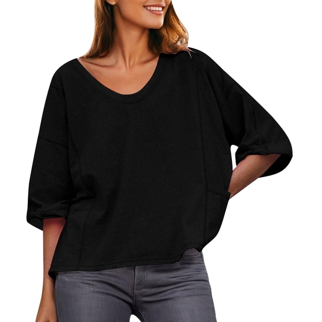 Plebaso Womens Oversized T-Shirts with Pockets Casual Short Sleeve Tee Solid Color Summer Loose Blouses