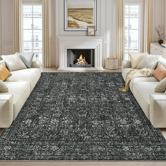 HOMERRY Washable Area Rug 6' x 9' Vintage Floral Area Rug for Living Room Bedroom Non-Slip Accent Rug, Black