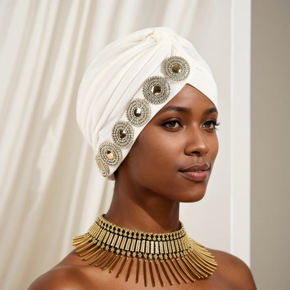 Women's Pleated Turban Hat, Gold Rhinestone Forehead Head Wrap Cap