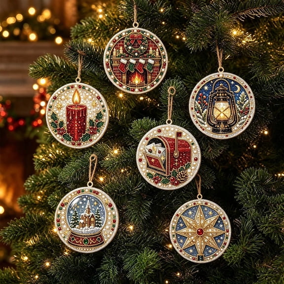 DIY Diamond Art Painting Christmas Wooden Ornaments Kit (Set of 6), Round Christmas decorations | Special-Shaped Gem & Pearl Hanging Craft Decor with Twine for Holiday Window Christmas Tree Home