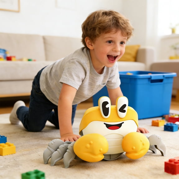 Yellow Electric Induction Escape Crab Toy - Crawling, Obstacle Avoidance, Sound & Light Features - For Toddlers, Kids, Developmental Play, Indoor & Outdoor Use