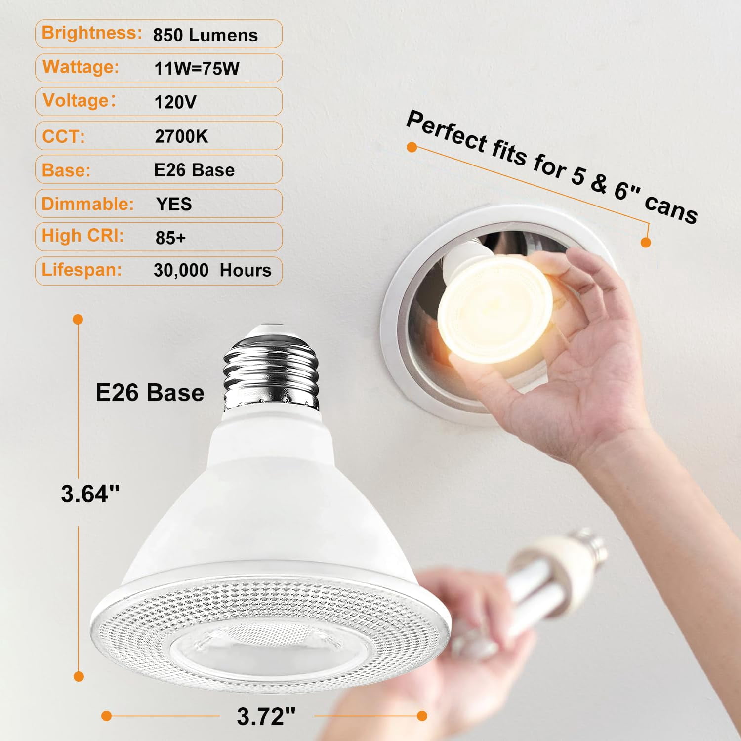 Sinvic 6 Pack Dimmable PAR30 Short Neck LED Bulb 11W 75W Equiv 850LM 2700K E26 Flood Light