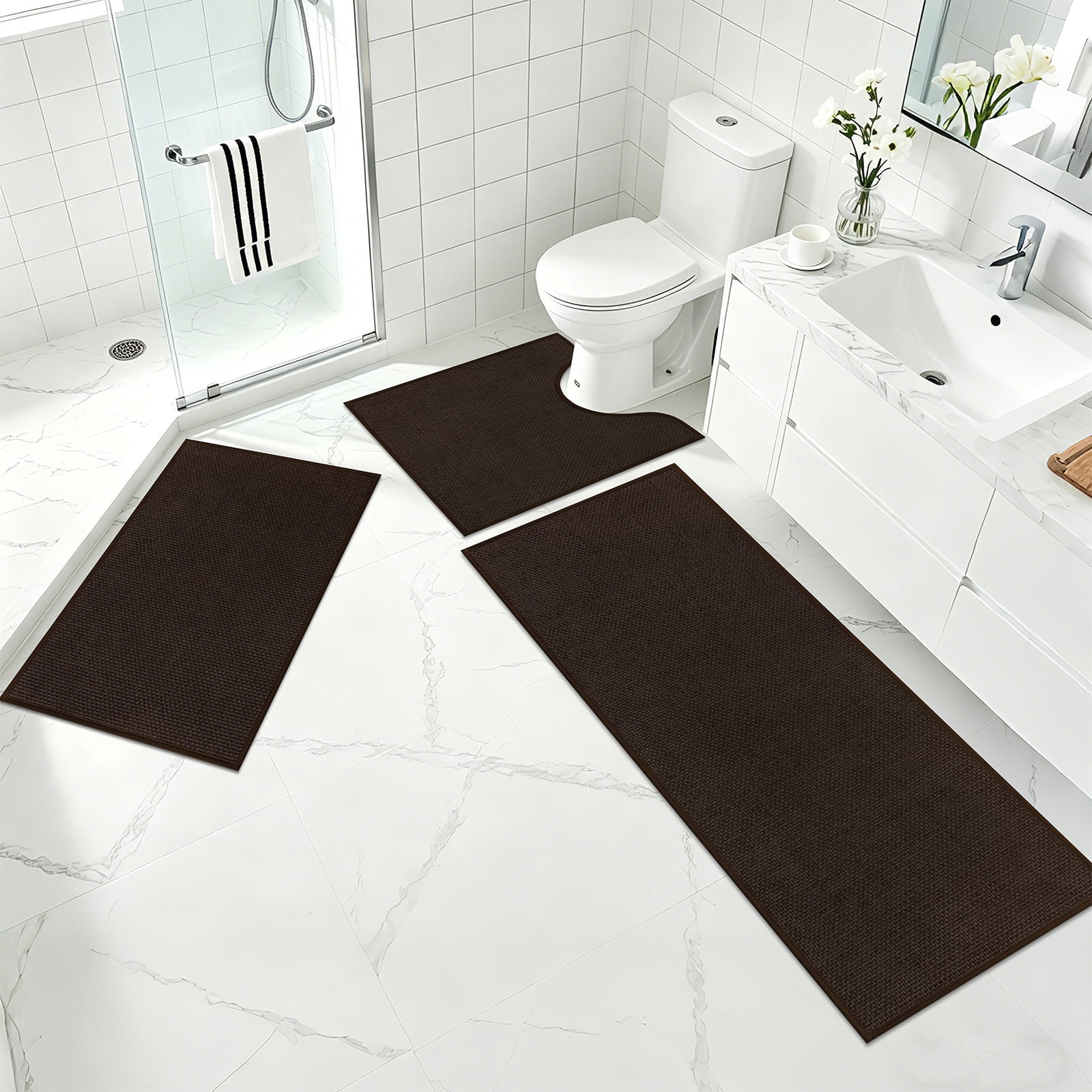 Ileading 3pcs Bathroom Rugs Set with U-Shaped Mat, Non Slip, Soft, Absorbent Bath Mats for Tub, Shower, Toilet 18"x26"+18"x48"+U Shape 20"x24" Brown