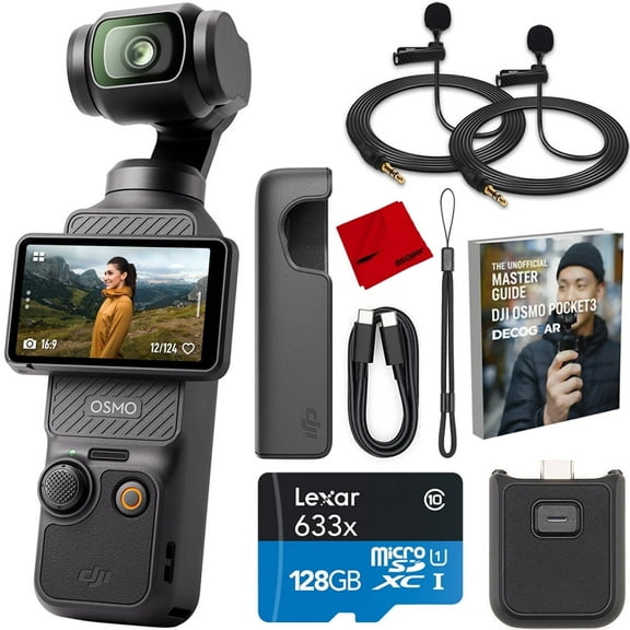 DJI CP.OS.00000301.01 Osmo Pocket 3 4K 120fps Handheld 3-Axis Gimbal Stabilizer Bundle with 128GB microSDHC Card, 2x Clip-On Mini Lapel Mic, Cleaning Cloth & Deco Gear Unofficial Master Guide