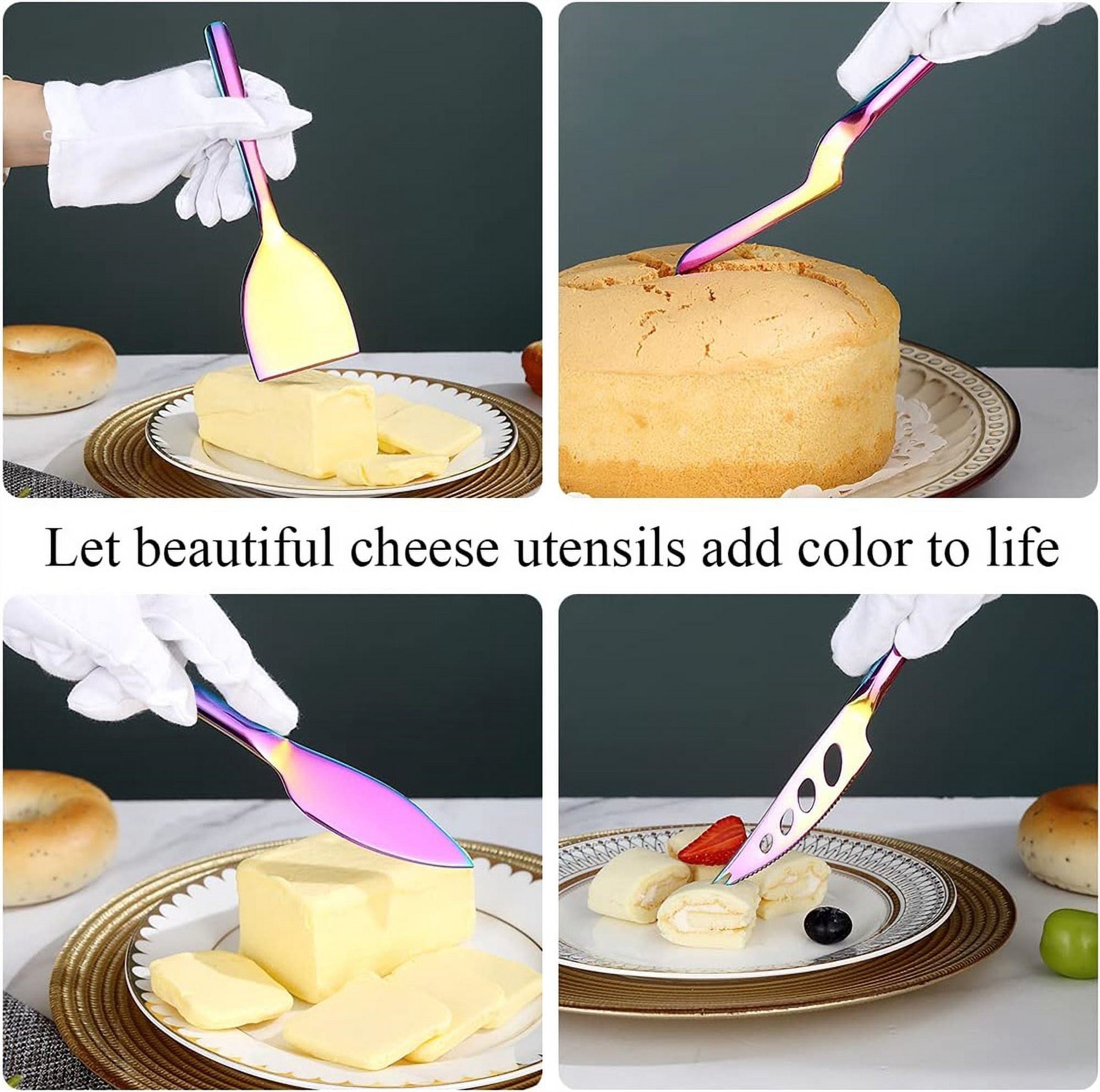Rainbow Cheese Knife Set of 3, NOGIS Ergonomic Design Titanium Golden Plated Cheese Slicer, Butter Knife Spreader, Cheese Cutter, Cheese Knives for All Type of Cheese