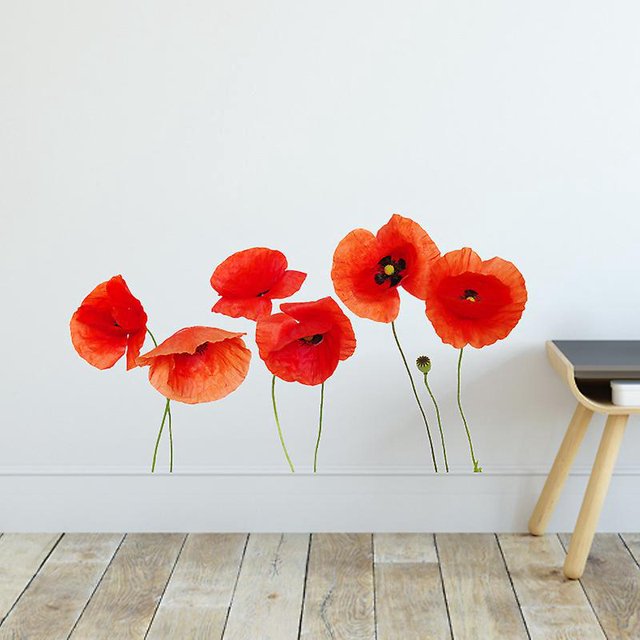 Un conjunto de pegatinas de pared, pegatinas de pared de amapolas rojas, decoración de pared para sala de estar, oficina, dormitorio