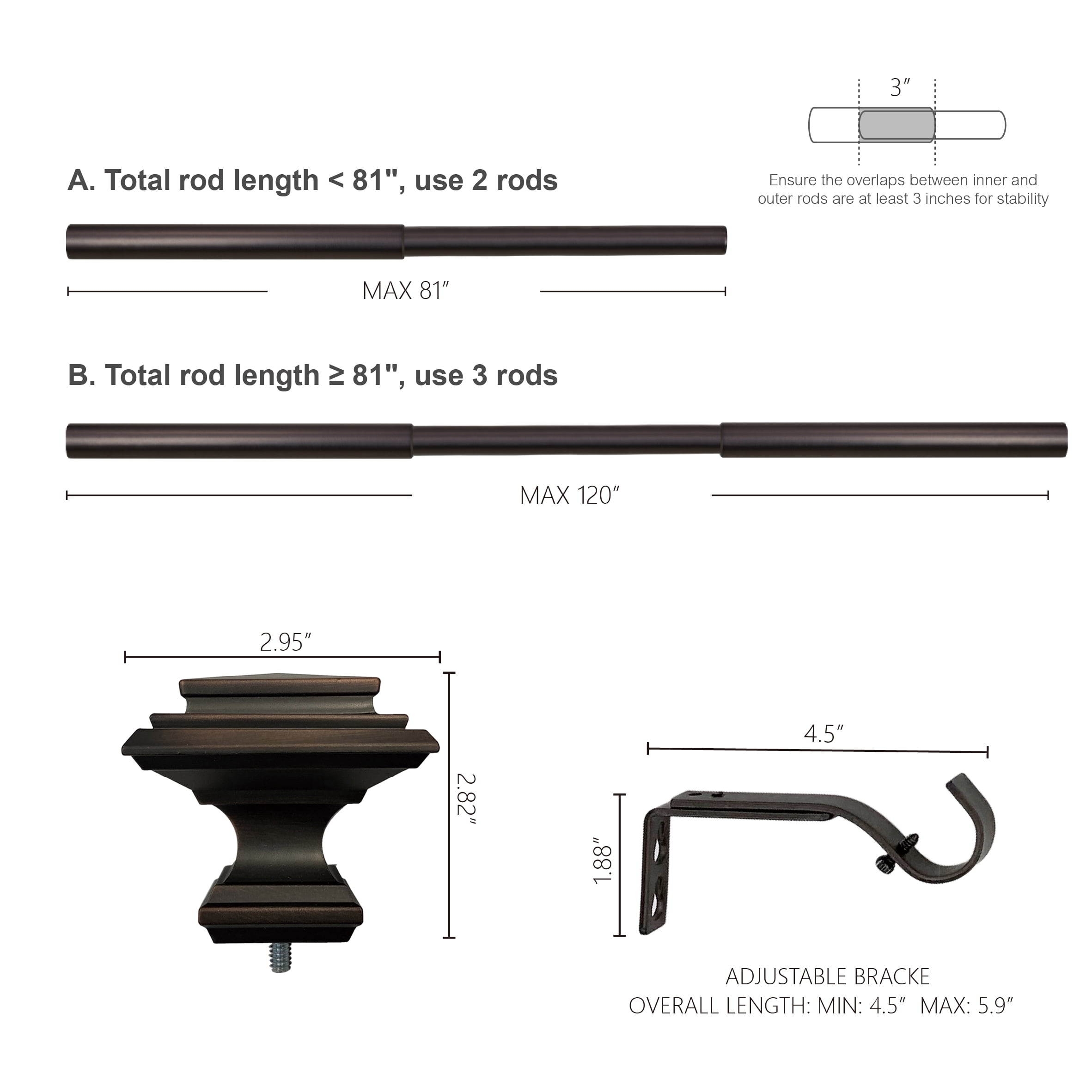 Better Homes & Gardens 1" Oil-Rubbed Bronze Square Adjustable Single Curtain Rod Set, 42-120"