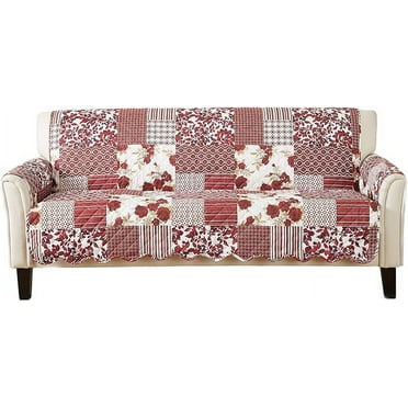 Patchwork Scalloped Printed Furniture Protector Stain Resistant Couch Cover (Sofa, Burgundy)