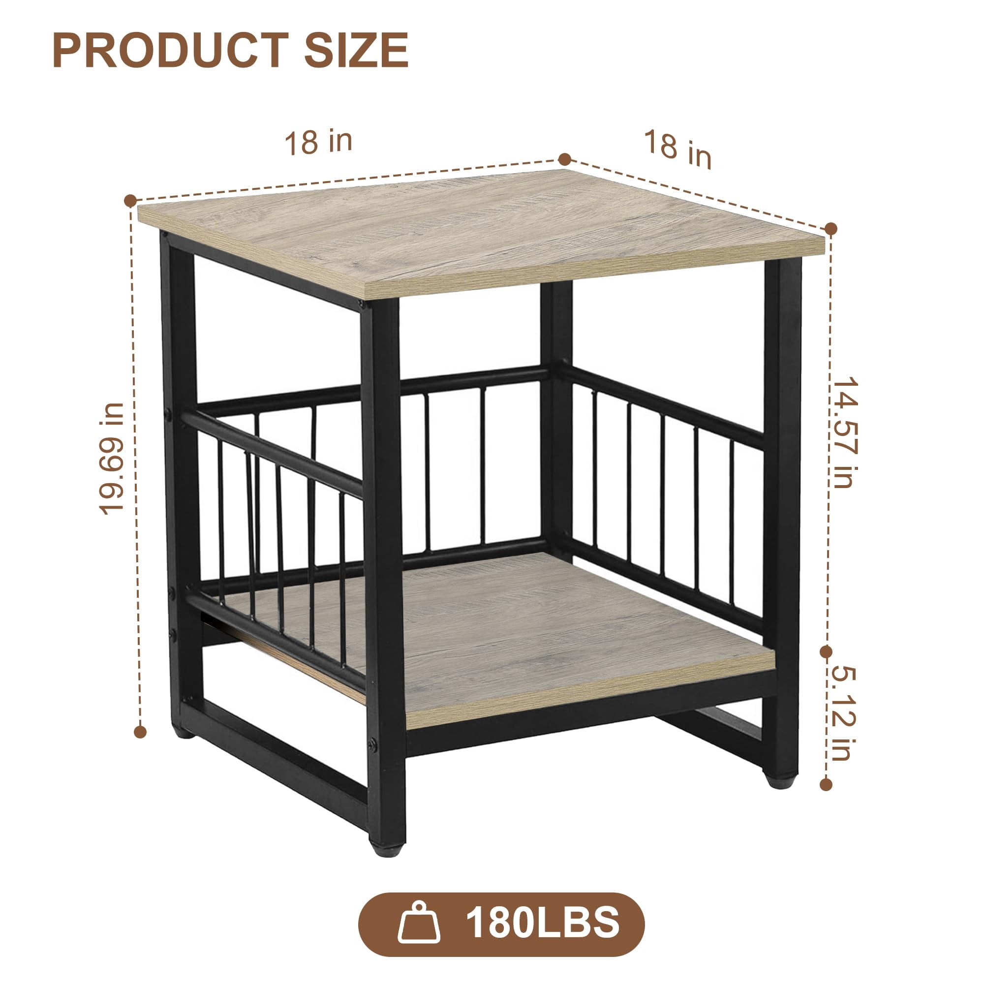 End Table  Industrial Side With 2-tire Storage Shelf 180lbs Mini Fridge Stand Adjustable Feet 18"x18" Wood Night Small Bedside For Living Room Bedroom Grey