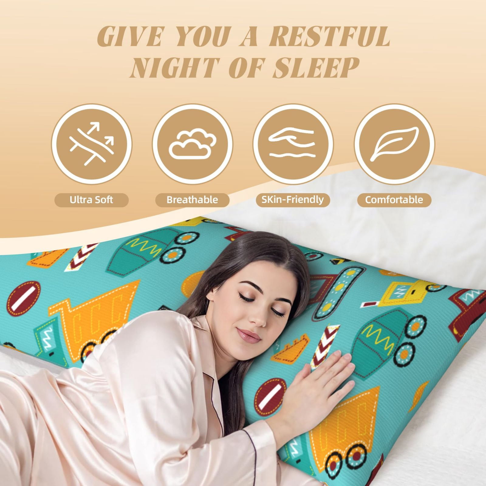 Naloa Trucks And Excavators Super Soft 20x60 Body Pillow Case,Long Side Hidden Zipper（PILLOWS ARE NOT INCLUDED）