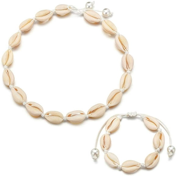 Shell Necklace Bracelet Pearl Shell Choker Anklet Adjustable Puka Shell Pearl Buckle Bracelet Cowrie Necklace Hawaii Vintage Boho Style Easy Adjustable Gypsy Jewelry for Women and Girls