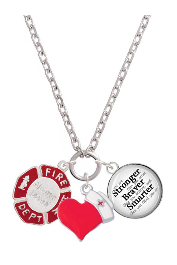 Silvertone Red Always Loved Fire Department Shield - Red Heart Nurse Strong Zoe Necklace