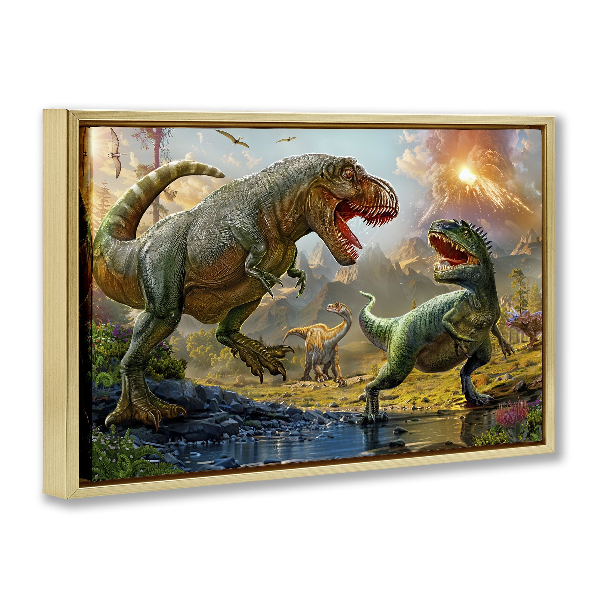 Stupell Industries T-Rex Encounter at Riverbank Gold Framed Floater Canvas Wall Art, design by Henriette Chinaglia