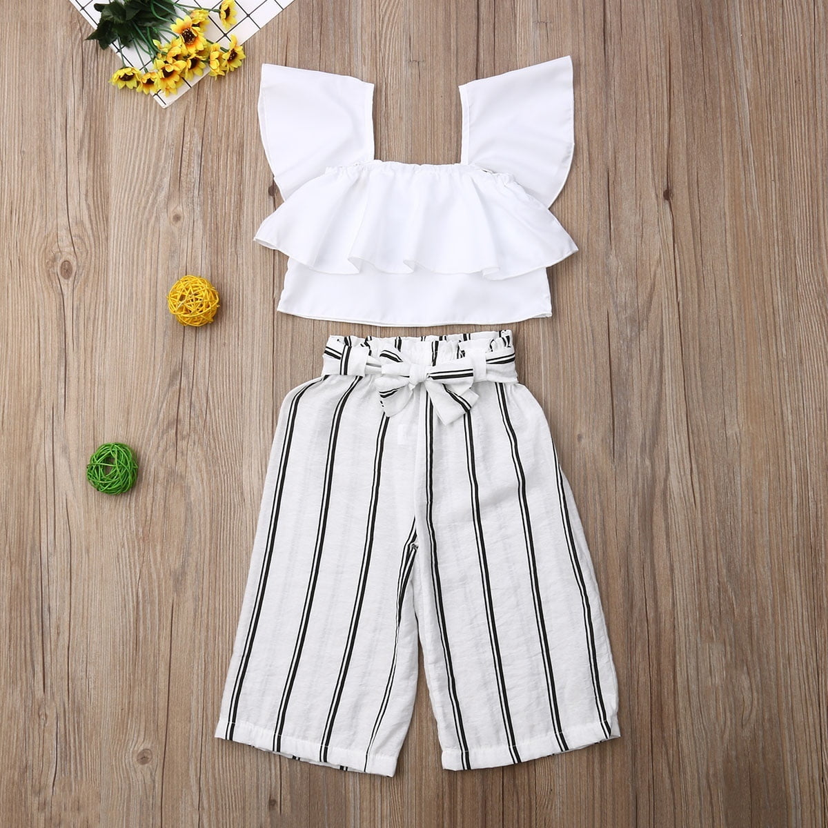 Pudcoco Toddler Baby Girls Clothes Ruffle Sleeve Crop Top Stripe Pants Casual Outfit Other