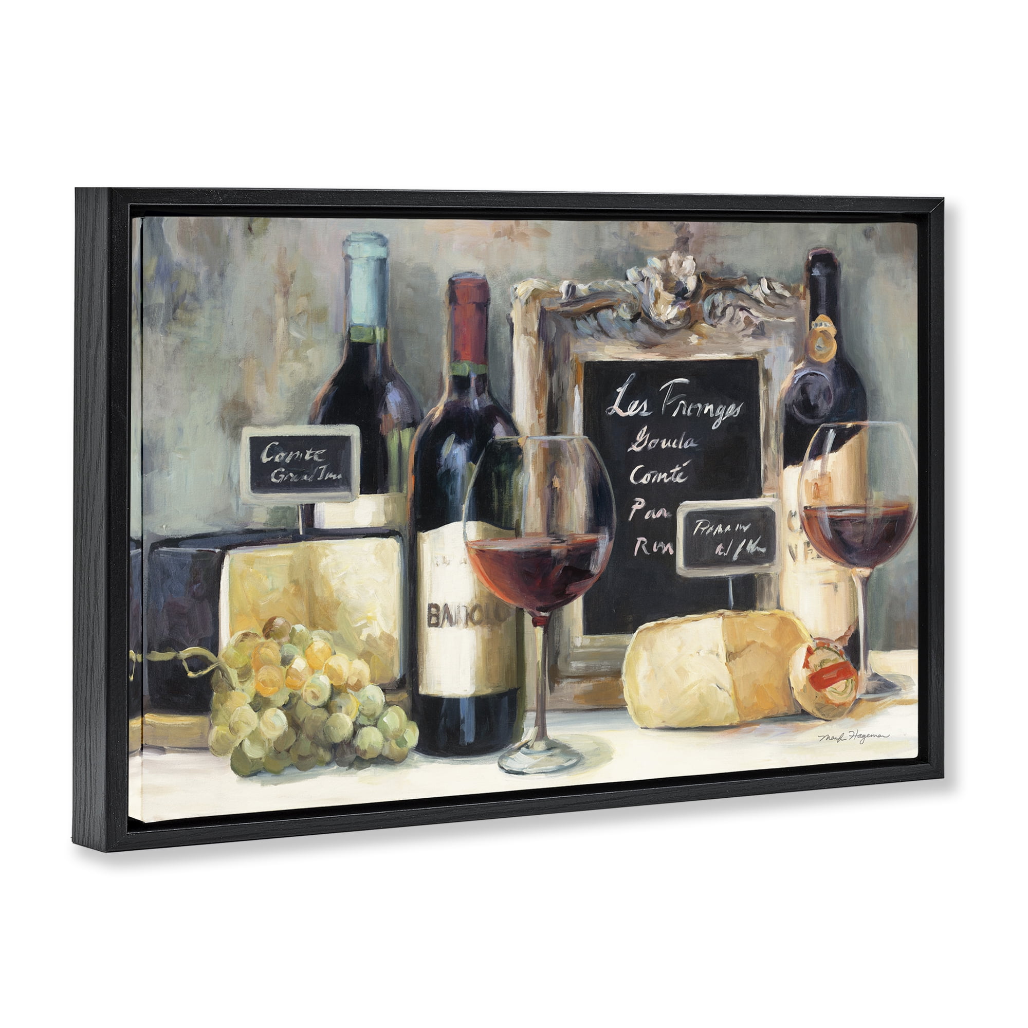 Stupell Industries Parisian Wine & Cheese Food & Beverage Painting Black Floater Framed Canvas Art Print Wall Art, 31 x 21