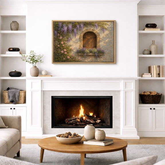 Framed Canvas Wall Art Rustic Window Wisteria Floral Print for Living Room Decoration - 16"x24" NATURAL