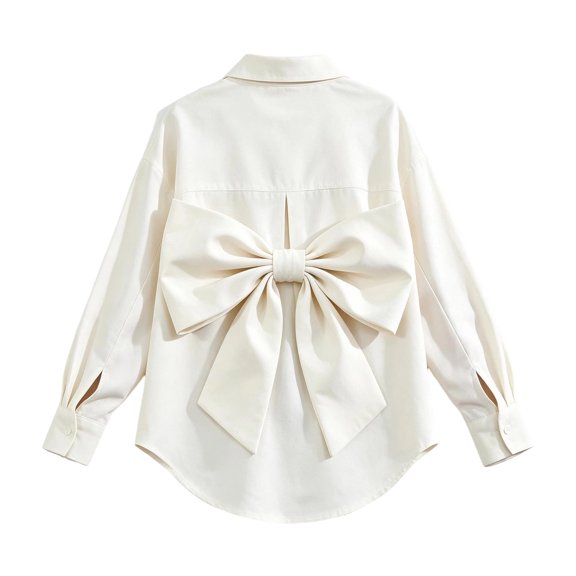 Girls Back Big Bow Button Down Shirt, Lapel Long Sleeve Loose Curved Hem Tunic Blouse, Summer Casual Back to School Performance Top for Kids(White,13-14 Years)