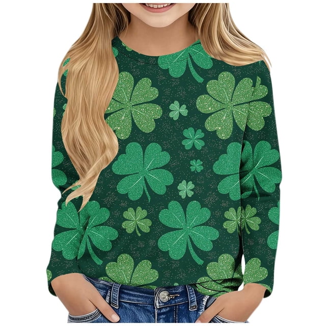 Blusas y camisas de manga larga con cuello redondo y estampado de San Patricio para niños, blusa informal de manga larga con cuello redondo, blusa de poliéster para niñas