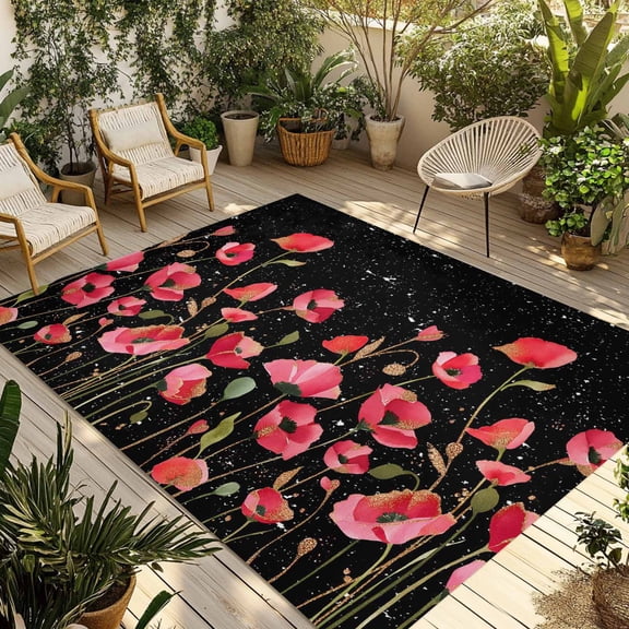 Red Poppy Outdoor Rug for Patio/Deck/Porch, Non-Slip Large Area Rug 6 x 9 Ft, Spring Summer Flowers Botanical Black Indoor Outdoor Rugs Washable Area Rugs, Reversible Camping Rug Carpet Runner