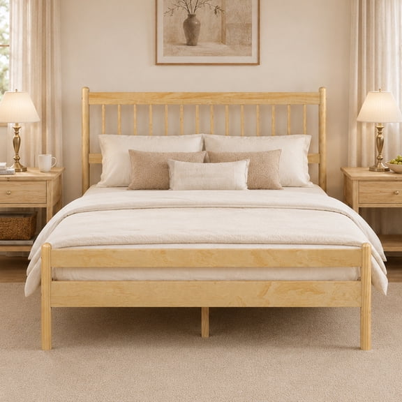 Traditional Platform Bed Queen Size with Headboard, Solid Wood Bed Frame with Underneath Storage, Wood Slats and No Box Spring Needed, Natural