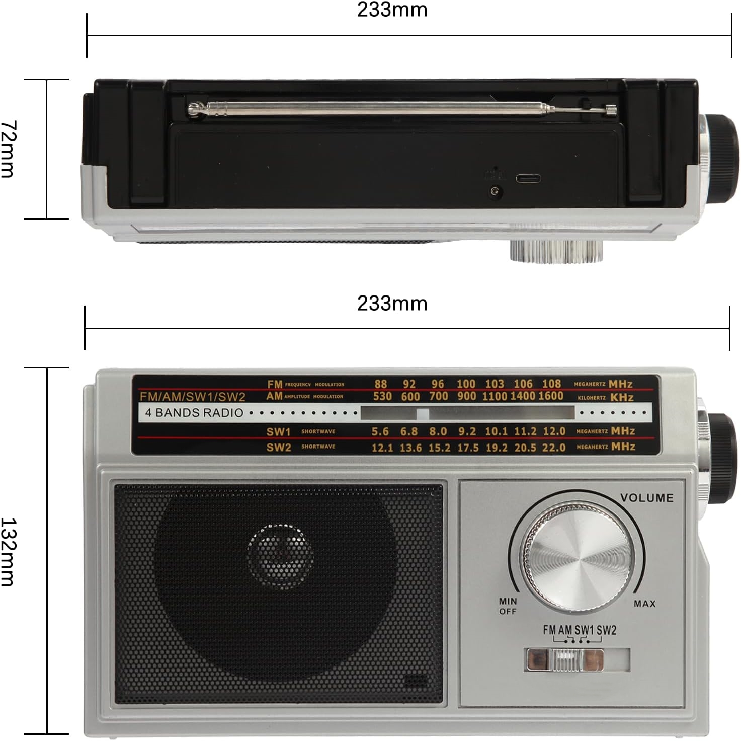 Topoint Vintage AM/FM/SW Portable Radio, Silver photo 4