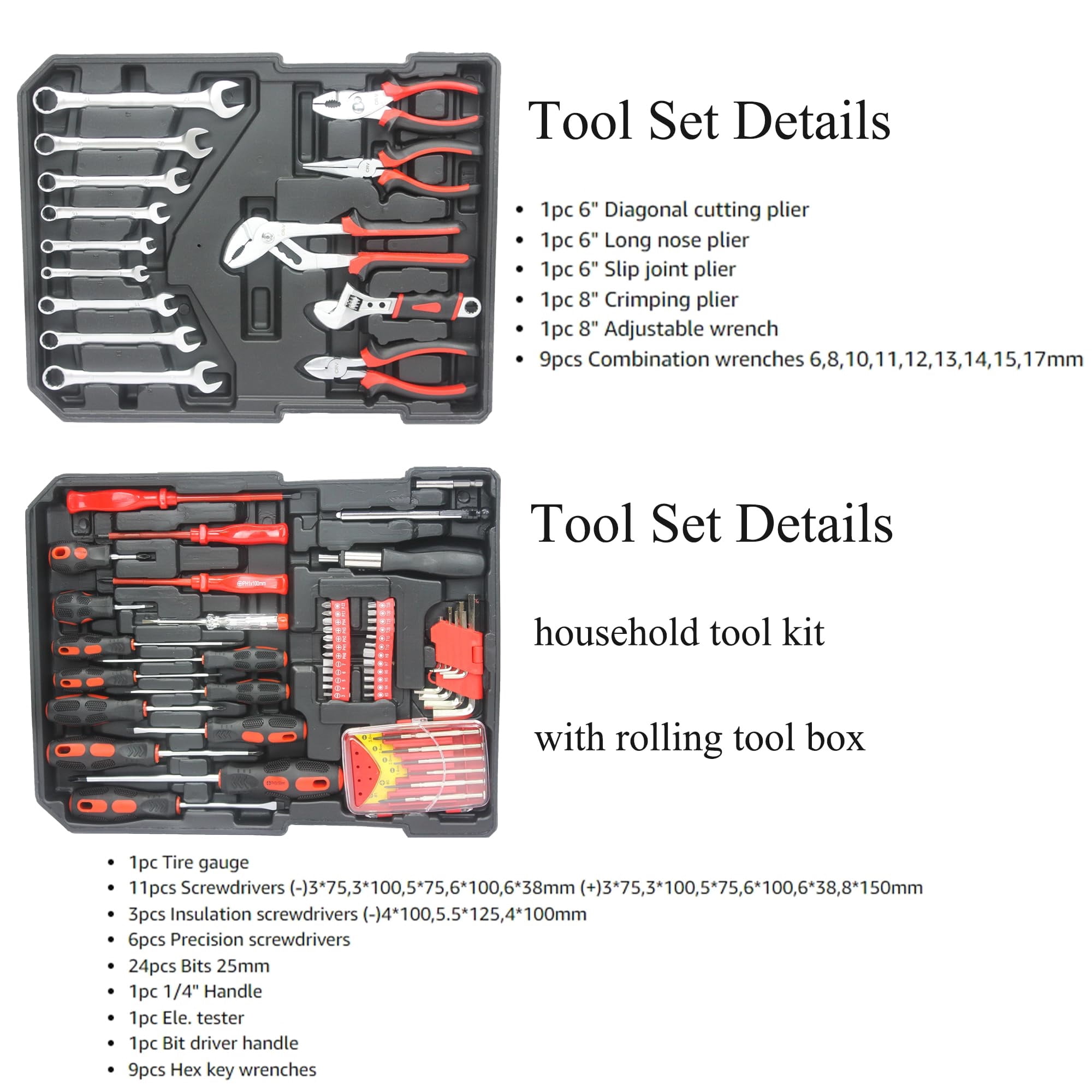 Aukfa 899 Pcs Tool Set, 4 Drawers Household Tool Kit with Rolling Tool Box for Home Auto Repair, Silver