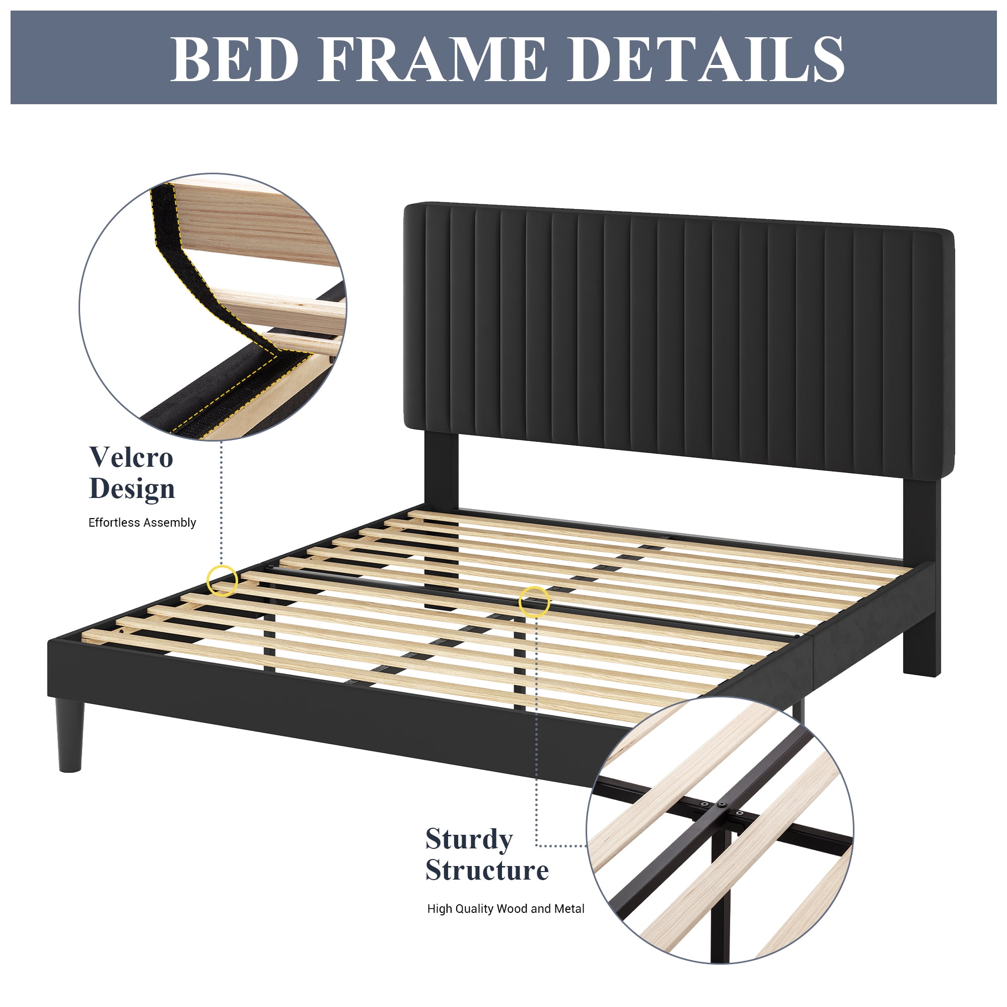 Allewie Full Size Velvet Upholstered Platform Bed Frame with Adjustable Vertical Channel Tufted Headboard, Black
