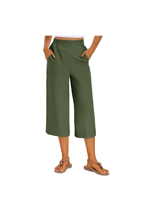 Womens Capris Pants, Loose High Waisted Wide Leg Loungewear Pants Drawstring Casual Cropped Trousers with Pockets Mint Green XL