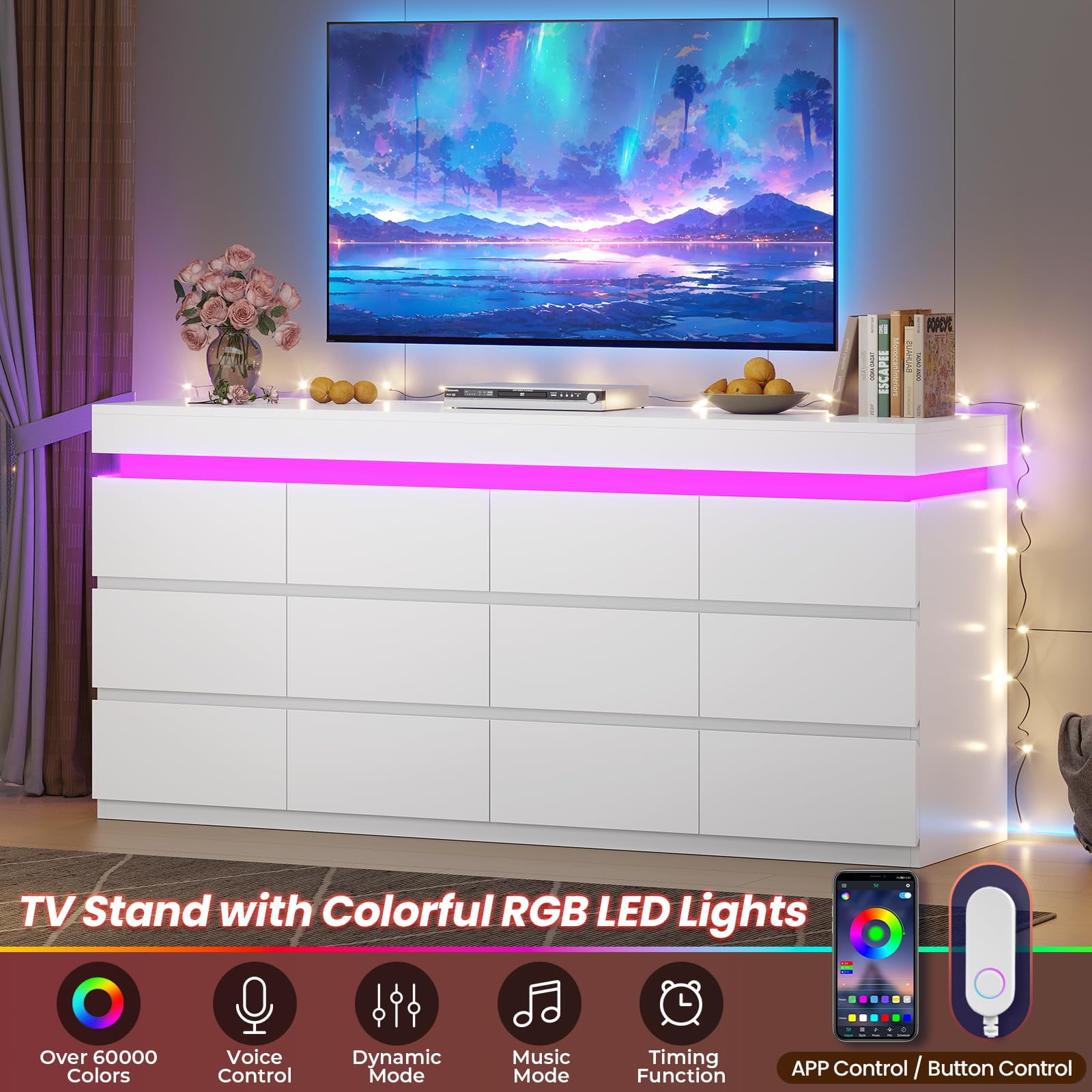 Afuhokles 12 Drawer Dresser with LED Light, White Modern Chest of Drawers for Bedroom