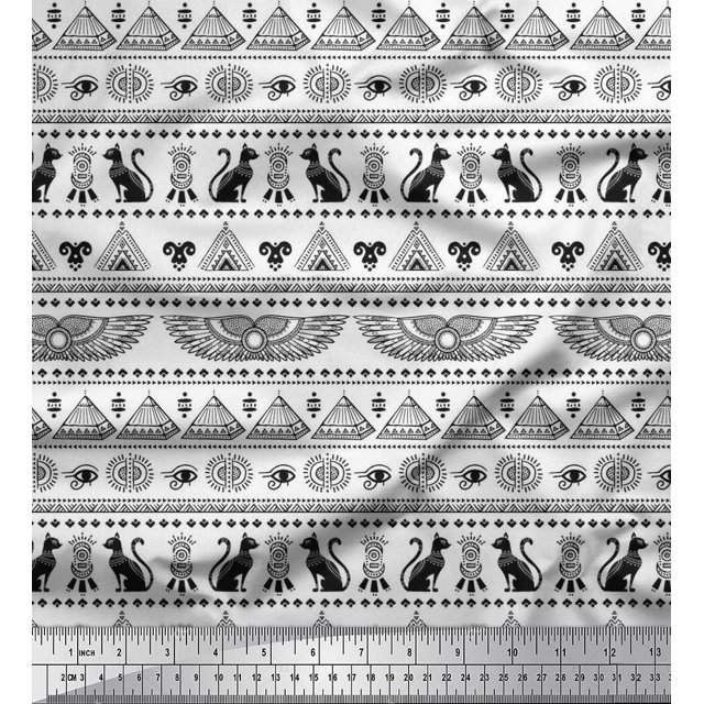 Soimoi Modal Satin Fabric Cat,Pyramids & Wings Egyptian Decor Fabric Printed Yard 42 Inch Wide