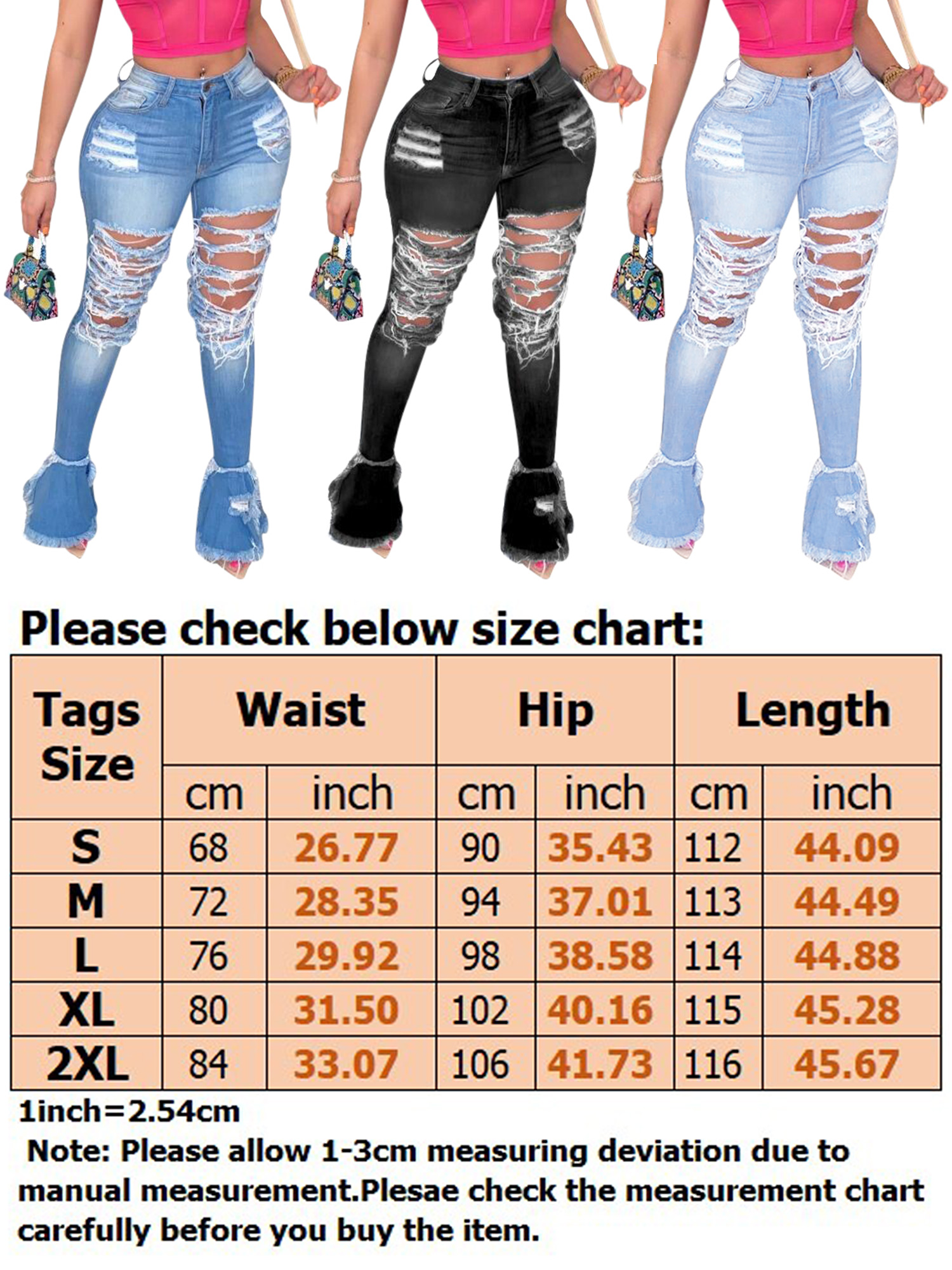 Women Casual Denim Jeans Pants Ladies Mid Waist Ripped Bell Bottom Jegging Trouser Pants Jeans with Hole - image 2 of 3