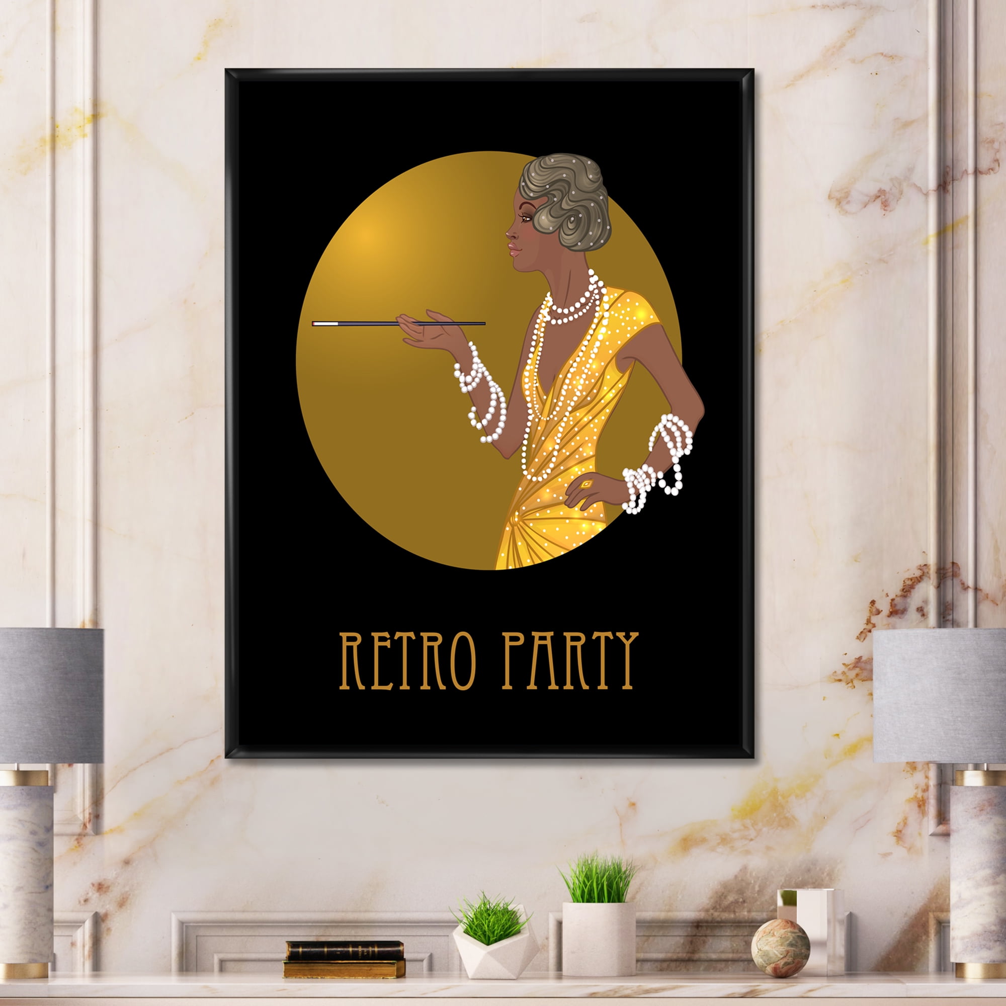 Designart 'Retro Fashion Glamour Afro American Woman' Modern Framed Canvas Wall Art Print