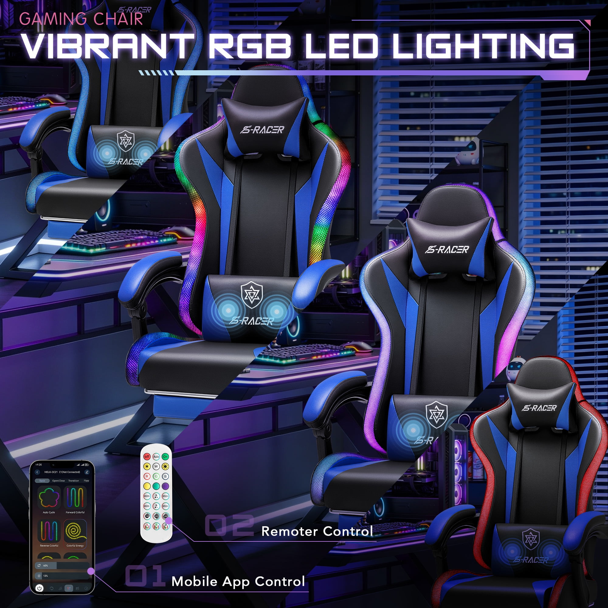 Homall RGB Gaming Chair Massage Reclining Racing Chair with APP & Remote Control, Audio Sync LED, Footrest & Headrest, Blue