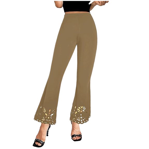 CQONEPT Women's Pants Bell Bottom Casual Loose High Waist Pants Fashion Trendy Lightweight Summer Trousers Khaki S
