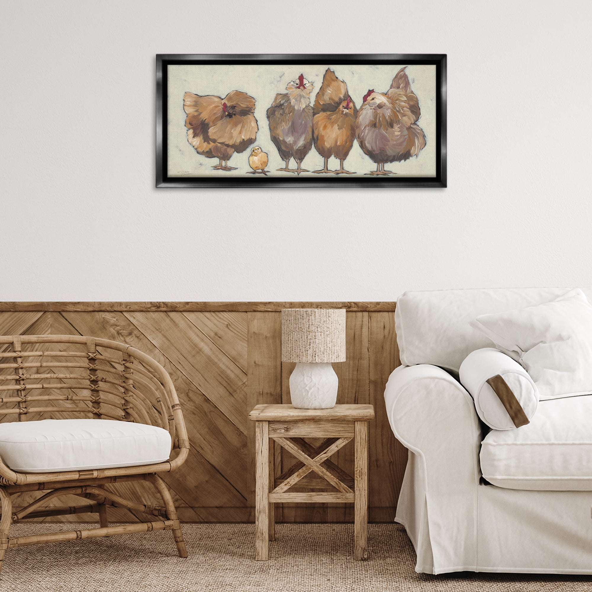 Stupell Industries Brown Hens and Chick Animals & Insects Painting Black Floater Framed Canvas Art Print Wall Art, 31 x 14