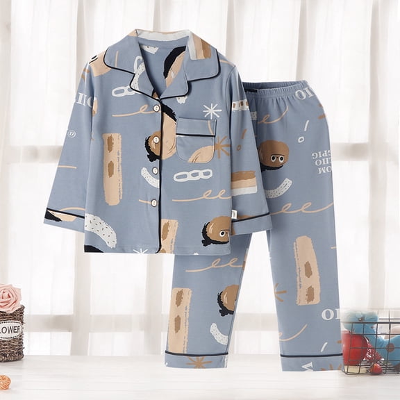 Wuxian Children'S Boys Clothes Sets Long Sleeve Sleep Wear Button Down Cartoon Print Blouse Top And Pants Home Wear Breathable Casual Two Piece Outfits,Blue,18-24 Months