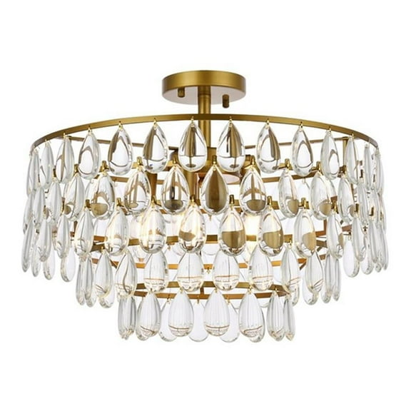 Maklaine 20" Modern Iron and Crystal Flush Mount in Brass Finish