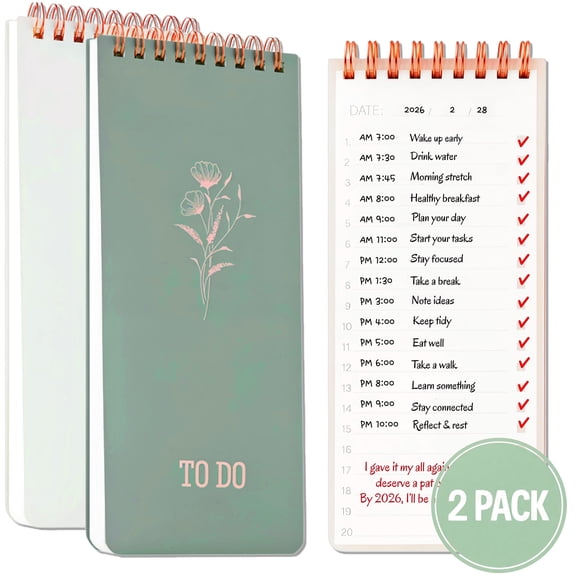 2 Pack To Do List Notepad Set, Daily Planner Notebook with Checklist Layout, Portable Spiral Notepad for Work, School & Home