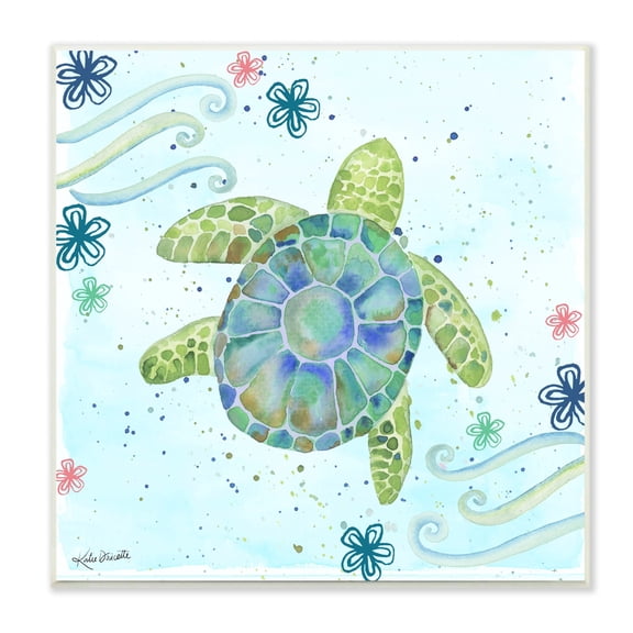 Stupell Industries Lovely Green Sea Turtle Ocean Flower Painting Wood Wall Art, 12 x 12, Design by Katie Doucette