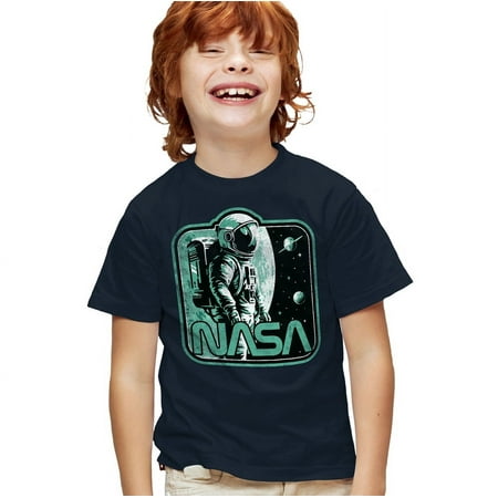 NASA Retro Spaceman Kids T Shirt for Youth Boys and Girls, Navy, Large