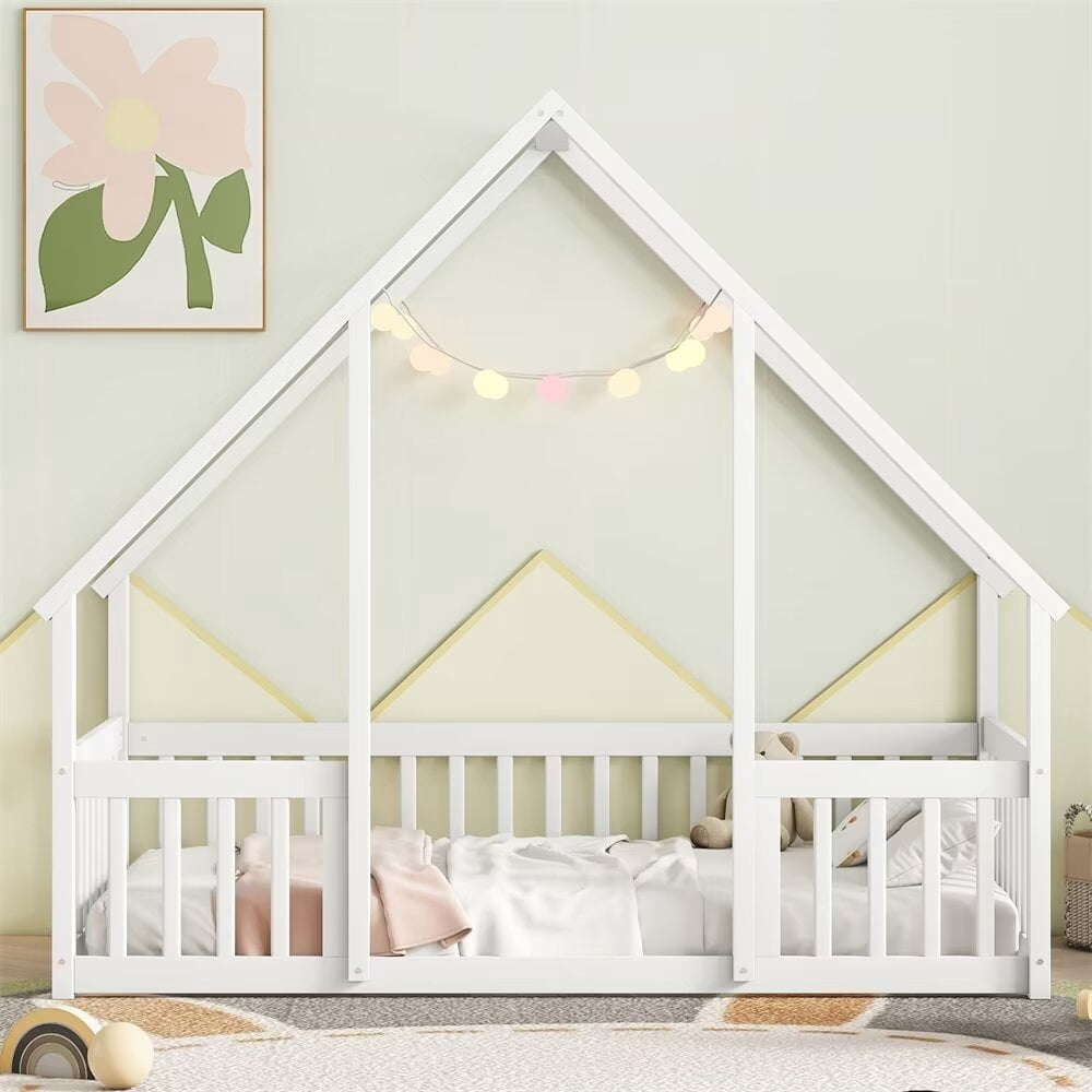 Twin Floor Bed for Kids Toddlers, Wooden Montessori Bed Frame with Roof and Fence Guardrails, Playhouse Bed Tent Bed for Boys Girls Bedroom, Easy Assembly, White
