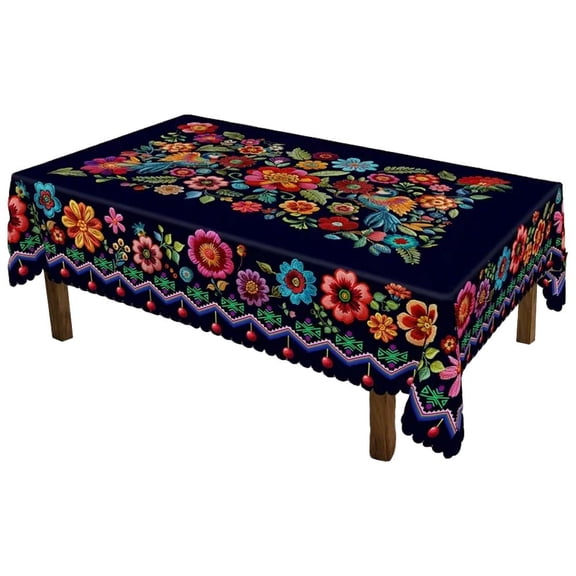 Mexican Floral Tablecloth for Dining Table, Colorful Folk Art Pattern Table Cover, Folk Art Bird TableCloths for Dining Room Kitchen Party Picnic, Rectangle and Round Size with Scalloped Edge
