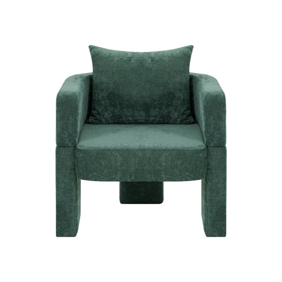 Modern 3-Leg Chenille Accent Chair with Ergonomic Arms & Removable Pillow, Plush Small Space Armchair, Single Sofa Chair for Living Room, Bedroom, Dining Room and Office, Dark Green