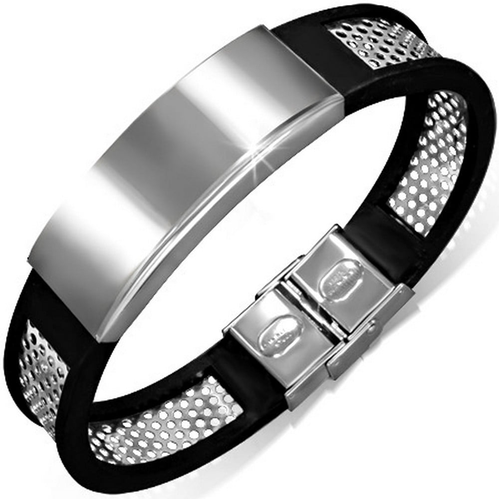 Stainless Steel Black Rubber Silicone Silver-Tone Mens Bracelet with ...