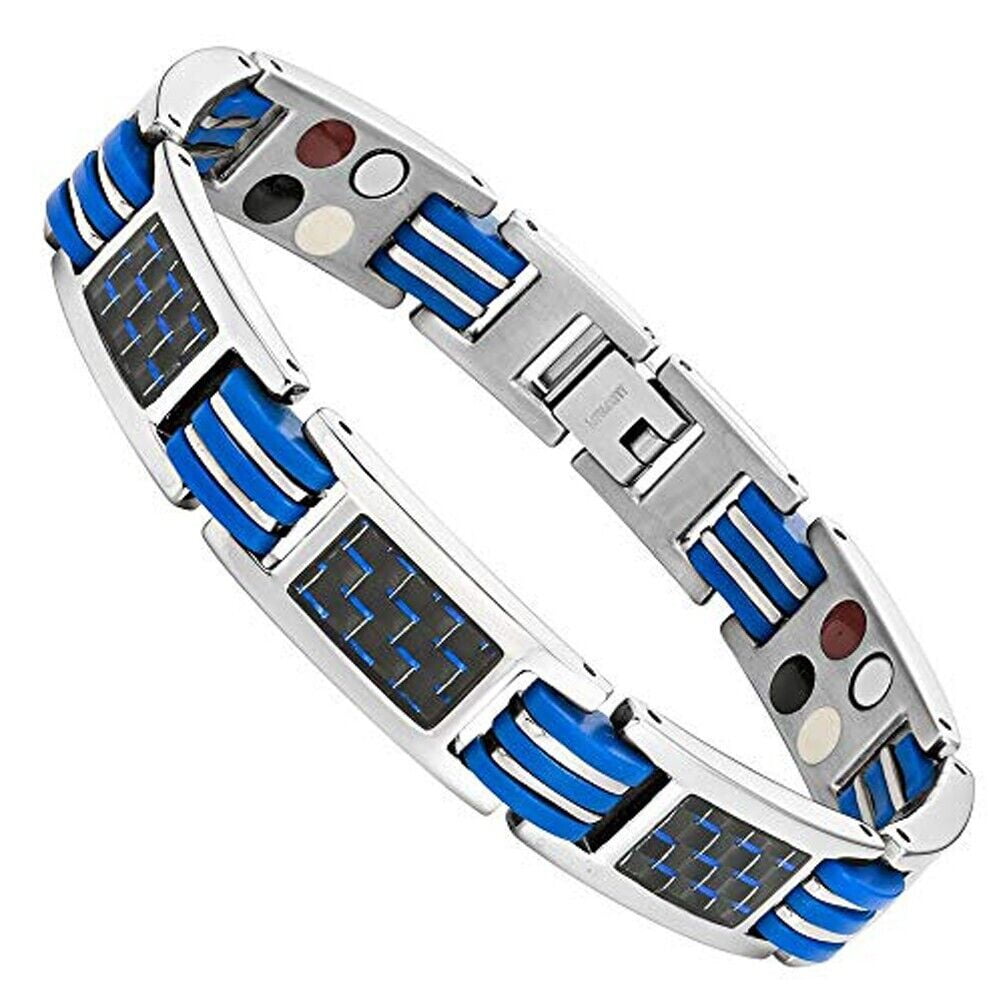 8.5" Mens Magnetic Steel Bracelet Silver Blue Links Black Carbon Fiber and Fancy Box.