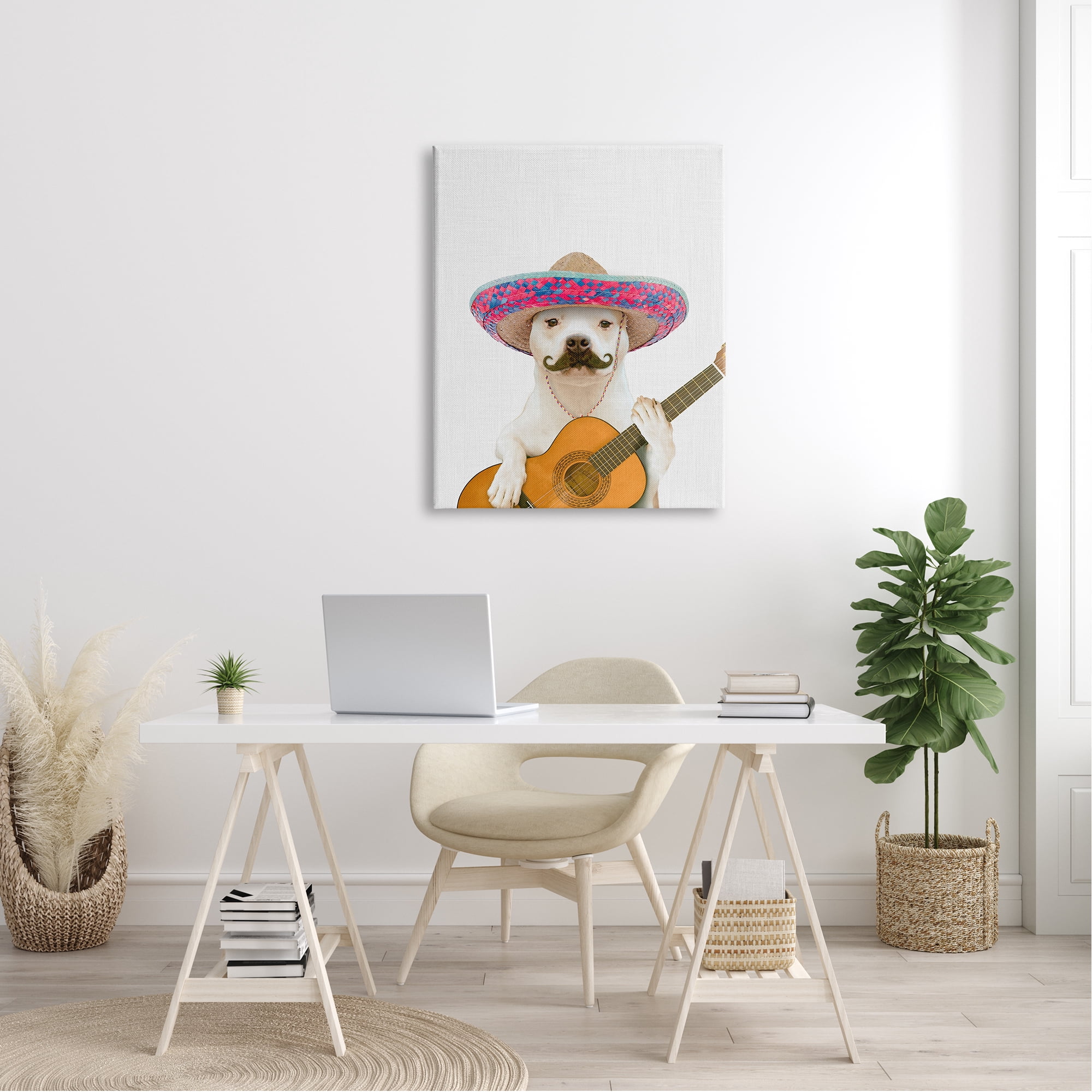 Stupell Industries White Pit Bull Dog Playing Guitar Mustache Sombrero Canvas Wall Art, 30 x 40, Design by Tai Prints