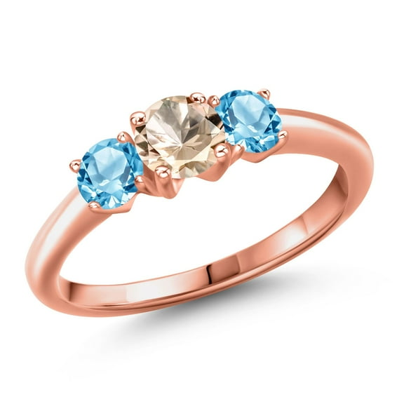 Gem Stone King 18K Rose Gold Plated Silver Peach Morganite and Swiss Blue Topaz Engagement Ring for Women | 1.11 Cttw | Round 5MM | Gemstone October Birthstone | Size 7