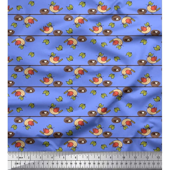 Soimoi Silk Fabric Leaves,Nest & Bird Clip Art Print Fabric by the Yard 42 Inch Wide