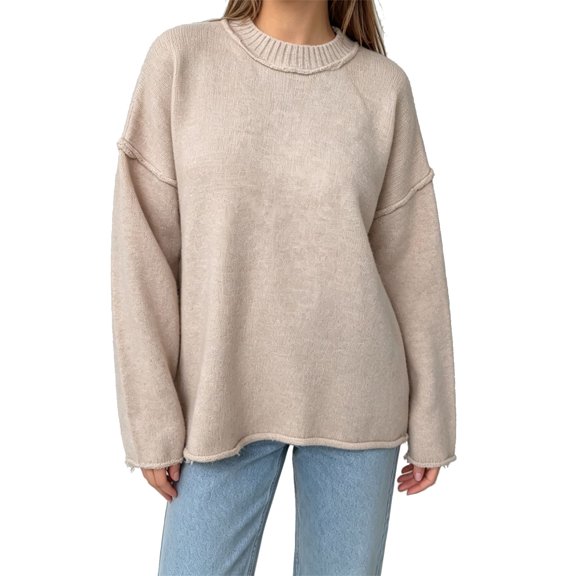 BODOAO Women's Oversized Sweater Crew Neck Long Sleeve Knit Pullover Drop Shoulder Loose Fit Soft Casual Fall Winter Top for Women Warm Cozy Fashion Everyday Wear Beige L