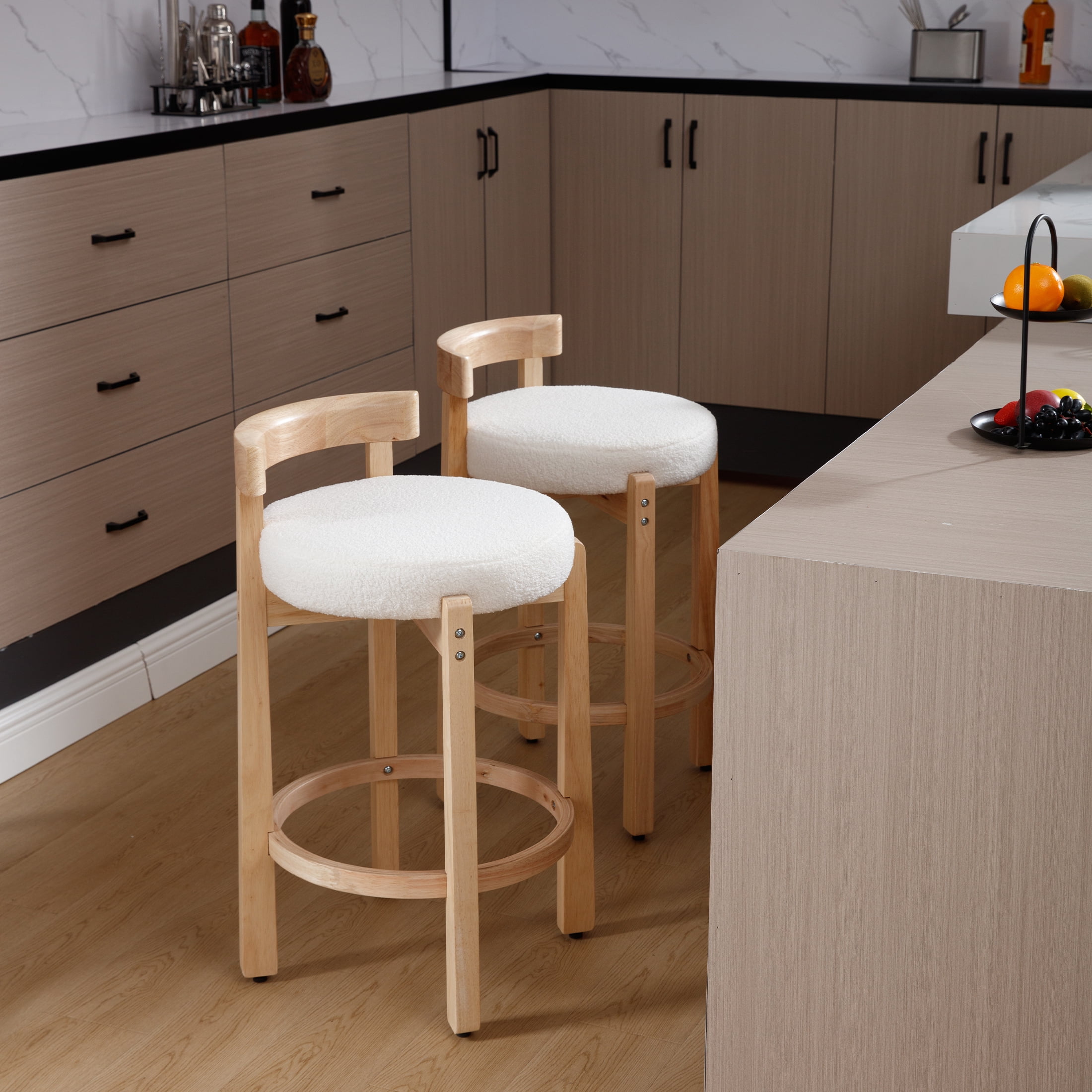 Guyou Counter Height Stools Set of 2, Mid Century Modern 27" Armless Island Bar Stools with Curved Back and Wooden Frame, Round Kitchen Stools with Footrest for Restaurant Bar Kitchen Island, White